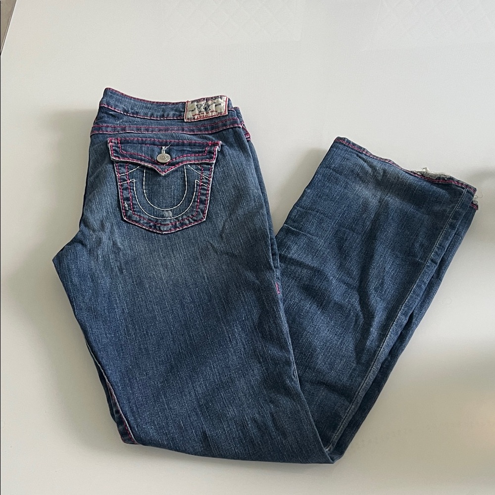 True Religion Blue Straight Leg Jeans with Pink Accents